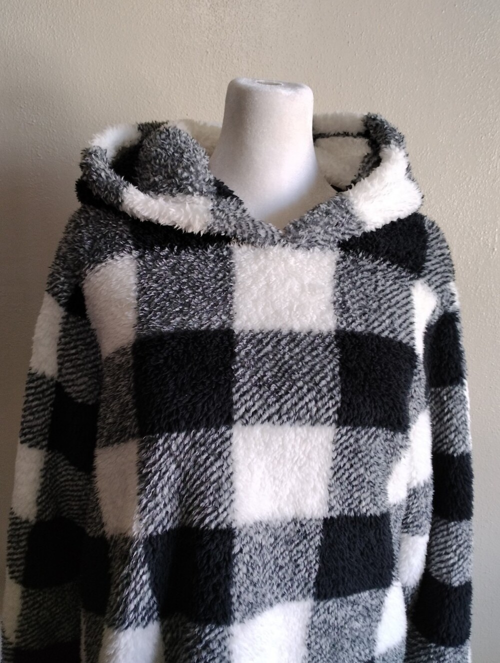 Fleece Black & White Check Pullover Hoodie Hooded Sweatshirt Womens Large - Picture 3 of 9